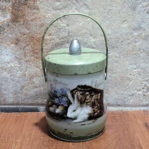 Vintage Best Wishes Easter Bunny Metal Handle Bucket with Lid 7 In
